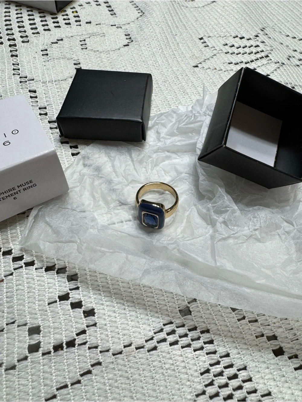 Avon Gold-Tone Ring with Deep Blue Stone and Navy Enamel